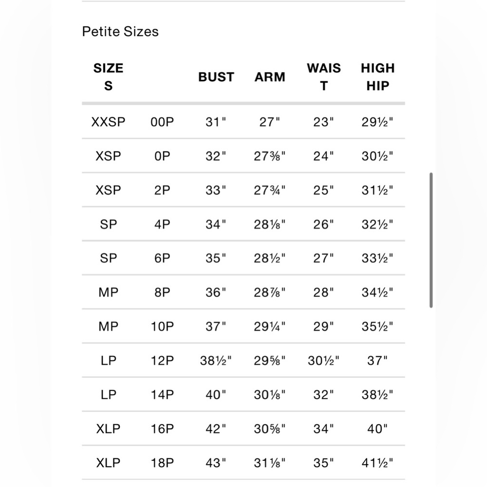 WBHM PETITE SIZE CHART